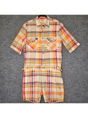 Mr Turk Mens Romper Plaid Multicolor sz M Lightweight Cotton Button Short Sleeve